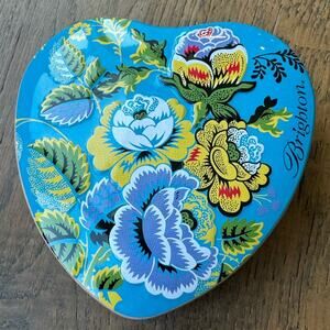 Brighton Vibrant Blue Floral Heart Shaped Jewelry Trinket Storage Box Metal